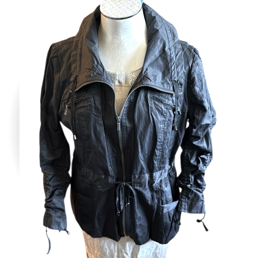 NY Collection Women’s Black Utility Jacket with ruched sleeves & tie at waist L